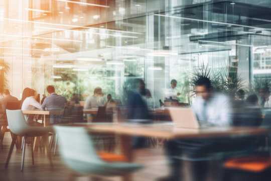 Blurry busy office scene showcasing a blend of traditional and remote working dynamics - Modern Office - AI Generated