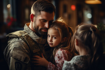 Soldier reuniting to his Family, hugging his daughter - Human Emotion  - AI Generated