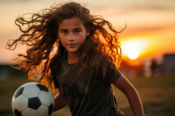 Young girl practicing soccer shots at sunset - Women in Soccer Aspiration - AI Generated