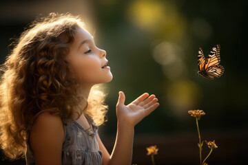 Young girl blowing a kiss towards a fluttering butterfly - Gentle Farewells - AI Generated