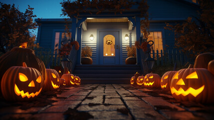 halloween pumpkin lined walkway to house at night - Powered by Adobe