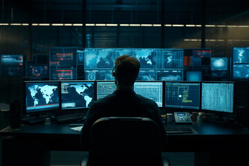 The man looks at the data monitors. The specialist works in the center for collecting, processing and monitoring information. Observation center. Analytical Center