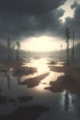 Fototapeta na wymiar a vast swampy land with black water and trees scattered with an overcast sky gloomy swampland Metro Exodus photorealistic ultra detailed horror cinamatic lighting gloomy lighting 