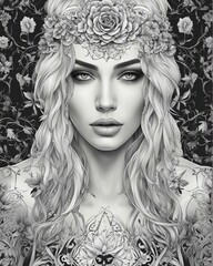 image of a beautiful woman with tattoos, darkly romantic illustration,detailed beauty portrait, outlined art, illustration black outlining, goddess