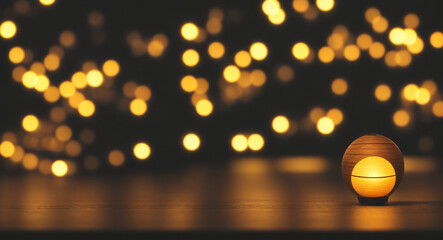 Empty wooden table on blurred lamp light gold bokeh, dark city night abstract banner background, place for your products on the table