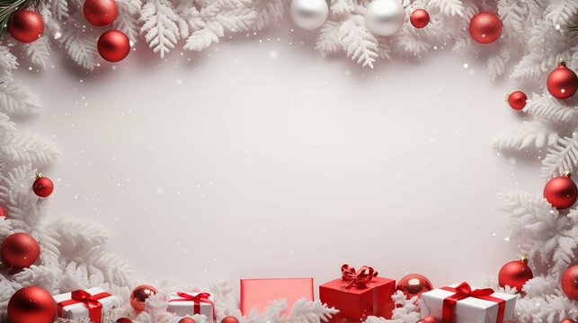 Red, white Christmas background with bow, gift boxs, Generative AI.