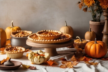 Obraz na płótnie Canvas Traditional American pumpkin pies on festive table decorated with pumnkins and autumn leaves for Thanksgiving Day.