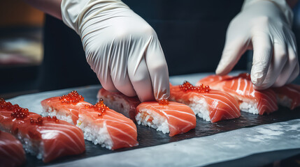 Japanese cuisine, the process of making rolls and sushi. A close-up of the hands of a sous-chef preparing Japanese traditional dishes in restaurant kitchen.  - obrazy, fototapety, plakaty