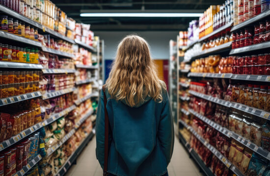 Woman looking at products inside a supermarket