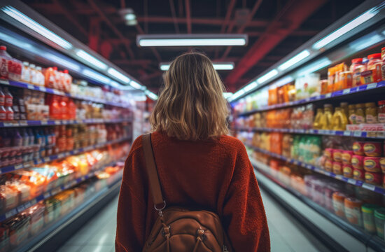 Woman looking at products inside a supermarket