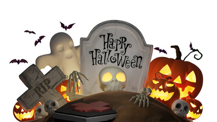 Skeletons in graves and pumpkins on Halloween night