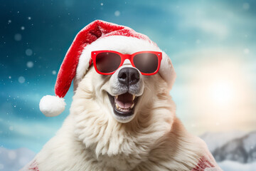 Polar bear with Santa Claus hat on Christmas - obrazy, fototapety, plakaty