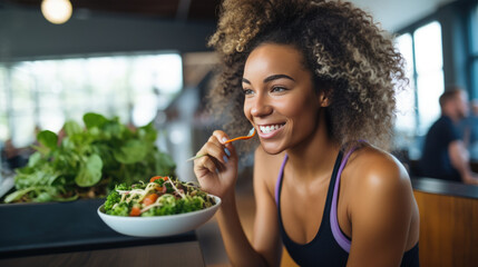 Young athletic woman eats a salad in her plate while eating breakfast - obrazy, fototapety, plakaty