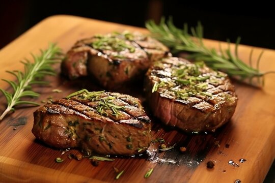 Grilled sirloin steaks seasoned with thyme. Generative AI