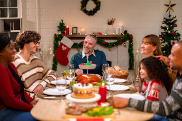 Merry Christmas and Happy New Year, Happy family eating dinner at home, Celebrate family holidays.