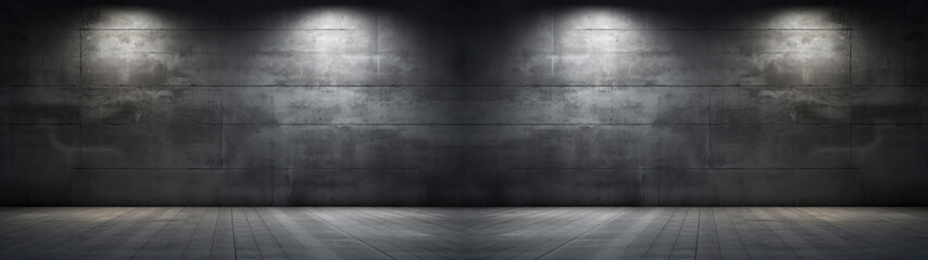 Concrete wall with white lights from above, on dark grey background 