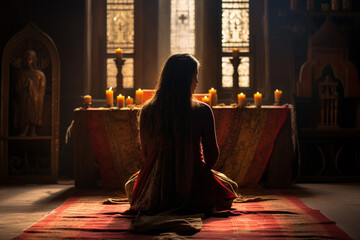 Within a quaint village church, a woman wearing a vibrant sari kneels on a rustic prayer rug, her hands raised in devotion as she immerses herself in a heartfelt prayer, the wooden 