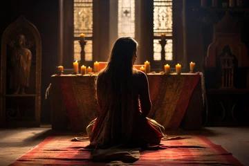 Foto auf Acrylglas Heringsdorf, Deutschland Within a quaint village church, a woman wearing a vibrant sari kneels on a rustic prayer rug, her hands raised in devotion as she immerses herself in a heartfelt prayer, the wooden 