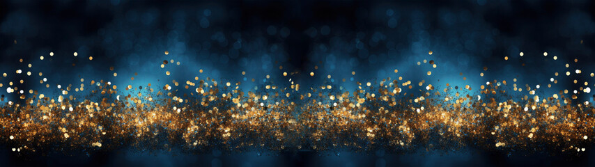 Fototapeta na wymiar Abstract golden defocused glitter lights on blue and black background banner, texture