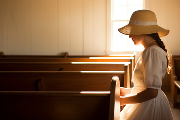 In a small countryside chapel, a woman dressed in traditional Amish attire bows her head in silent prayer, the simplicity of the plain wooden pews and the soft, filtered light enha 