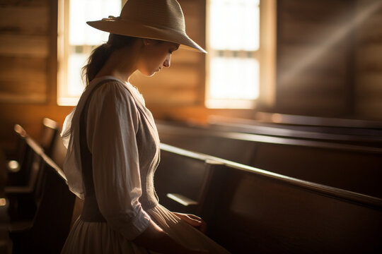 In a small countryside chapel, a woman dressed in traditional Amish attire bows her head in silent prayer, the simplicity of the plain wooden pews and the soft, filtered light enha 