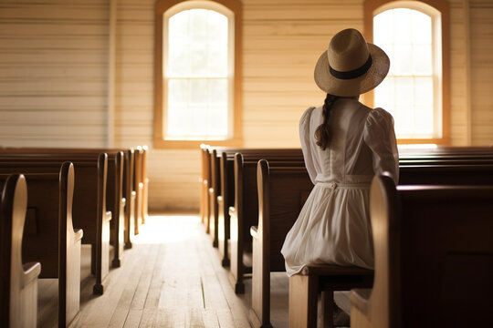 In a small countryside chapel, a woman dressed in traditional Amish attire bows her head in silent prayer, the simplicity of the plain wooden pews and the soft, filtered light enha 