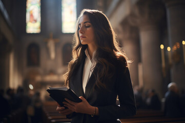 In a modern city church, a busy woman wearing a tailored suit stands in deep contemplation, a Bible in her hand, as she engages in a moment of prayer within the striking architectu  - obrazy, fototapety, plakaty