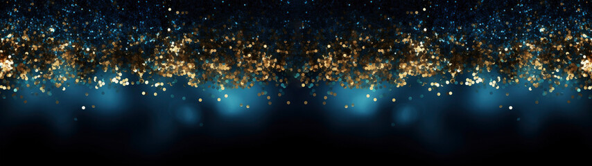 Abstract golden defocused glitter lights on blue and black background banner, texture