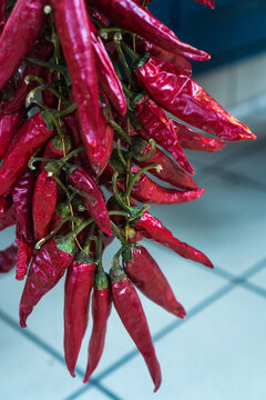 Hungary food market, view of chili peppers on sale inside the Great Market Hall of Budapest, Hungary.