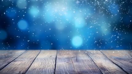 Naklejka na ściany i meble Winter wooden table floor with blue bokeh background, copy space