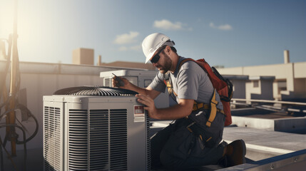 Air Conditioning Repair, repairman on the rooftop fixing air conditioning system.