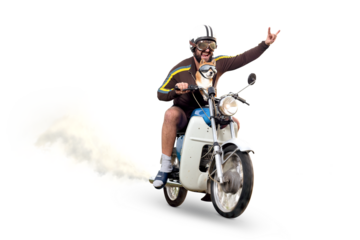 Funny, crazy man riding a vintage moped with his dog