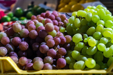 Red and green grapes in Central Market Hall, Budapest, Hungary.