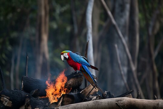 Amazon rainforest, deforestation, wildlife, jaguar, blue macaw, red macaw, Brazil, fire. Generative AI