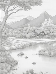 sketch drawing landscape in the mountains