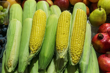 Fresh corns in Central Market Hall of Budapest, Hungary.
