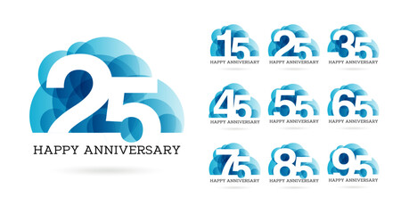 Set logo design for fifteen to ninety five years, celebrate anniversary logo to celebrate event, invitations, 15th, 25th, 35th, 45th, 55th, 65th, 75th, 85th, 95th, logo purpose.