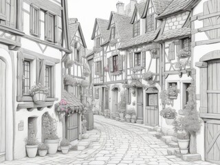 sketch art cartoon building_old street in the old town