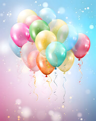 Festive rainbow color balloons and confetti on a pastel background celebration theme