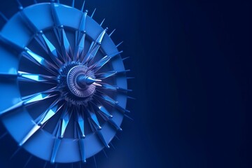 Illustration of darts game with dartboard and blue dart on a blue backdrop. 3D visualization. Generative AI