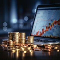 Financial investment concept Coins, laptop, trading graph, and a blue filtered backdrop