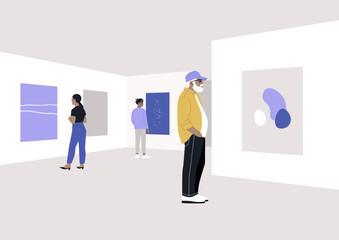 The opening of an art gallery exhibition, where a varied crowd of attendees gathers to explore abstract paintings and contemporary artworks