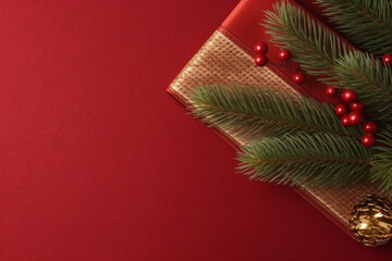 Christmas red background with gifts and presents, copy space