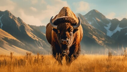 a large bison stands in the grass with a background of mountains Generative AI - obrazy, fototapety, plakaty