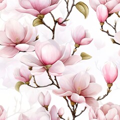 floral seamless pattern of watercolor pink magnolia flowers