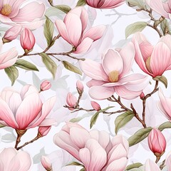 watercolor floral seamless pattern of pink magnolia flowers