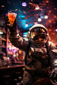 vertical image of astronaut in a space suit and helmet at a rave club with a glass of cocktail near the bar