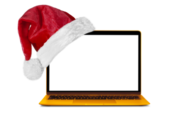 modern laptop computer with a Santa Claus hat for Christmas on a transparent background in PNG