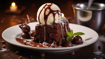 hot chocolate brownie dessert ice cream ball and slice of chocolate cake, luxury sweet pastry in high end restaurant.
