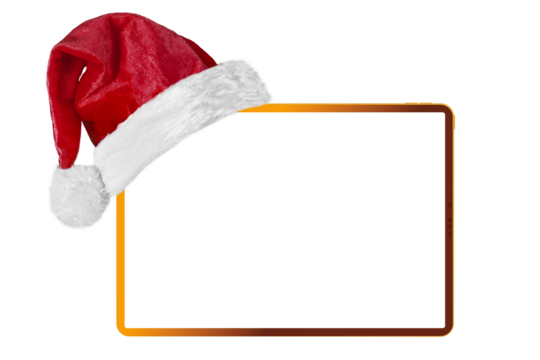 tablet computer isolated with a Santa Claus hat for Christmas on a transparent background in PNG format